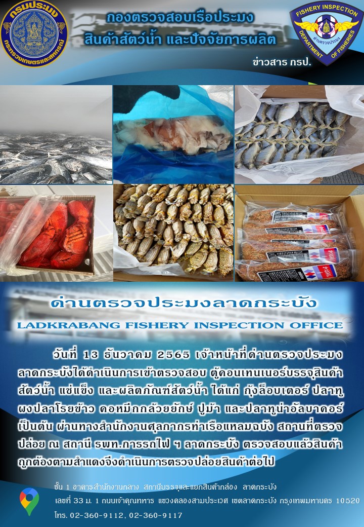 ตรวจสอบสินค้าสัตว์น้ำนำเข้าประจำวันที่ 13 ธันวาคม 2565..คลิก