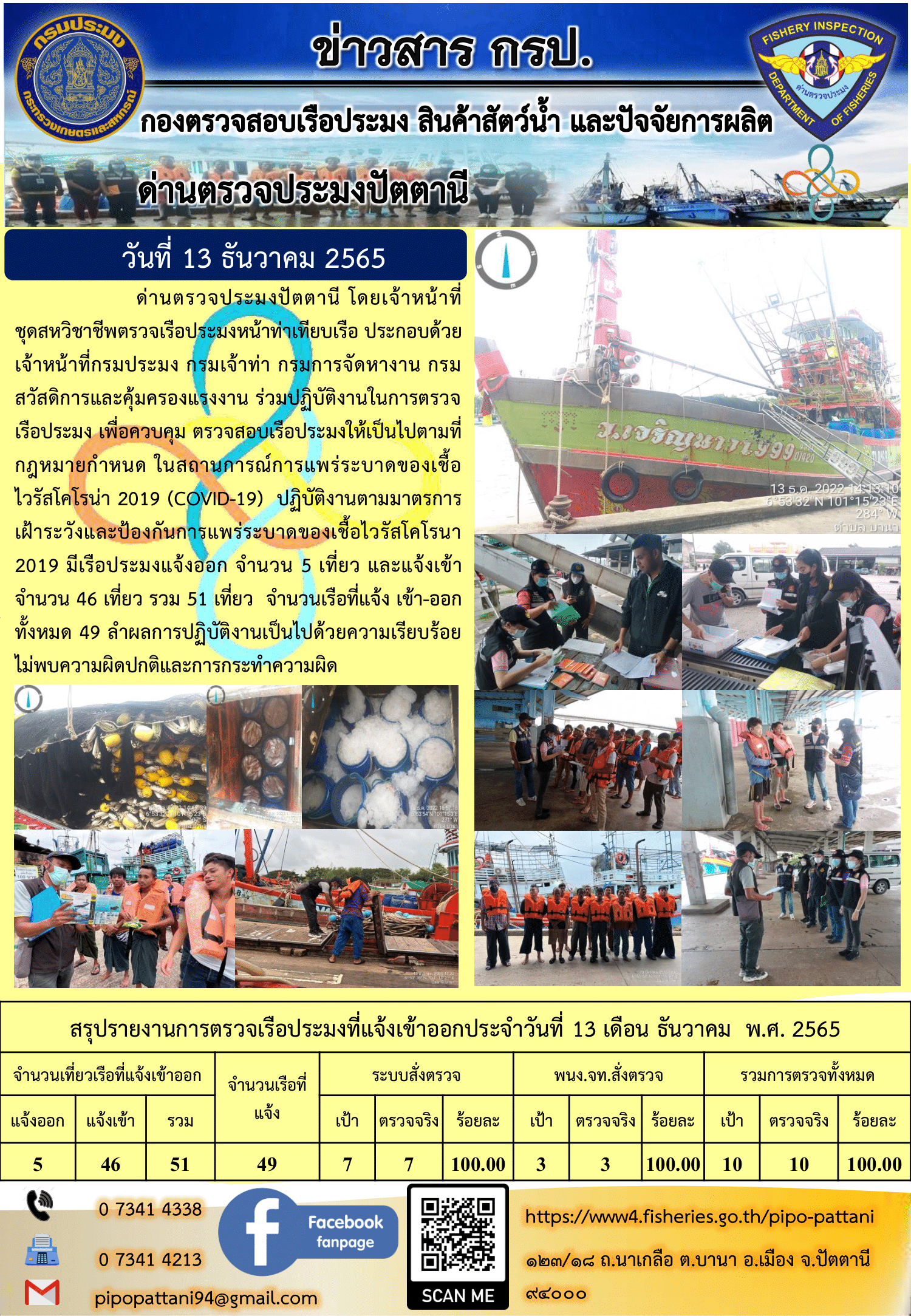 ข่าวสารการปฏิบัติงาน ด่านตรวจประมงปัตตานี 13 ธ.ค. 65..คลิก