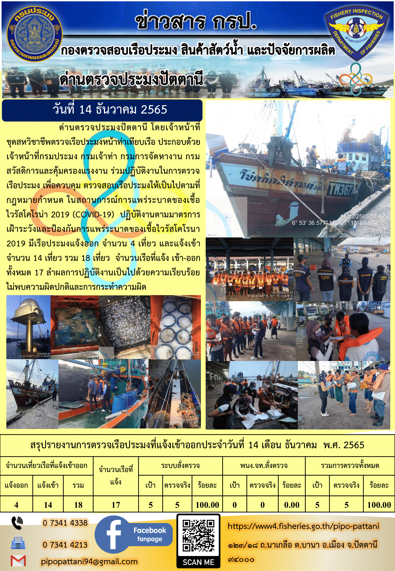 ข่าวสารการปฏิบัติงาน ด่านตรวจประมงปัตตานี 14 ธ.ค. 65..คลิก