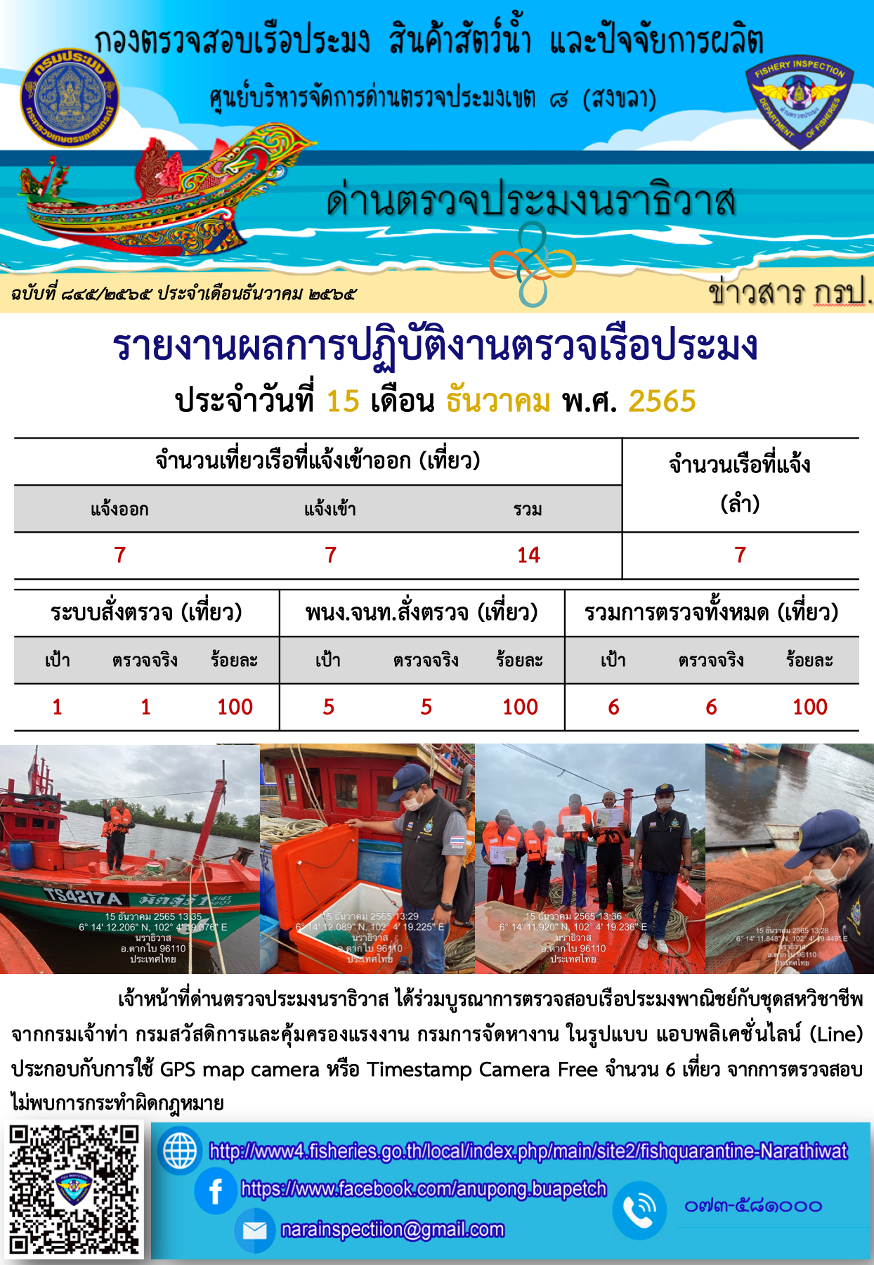 ประชาสัมพันธ์ด่านตรวจประมงนราธิวาส ประจำวันที่ 15 ธันวาคม 2565..คลิก