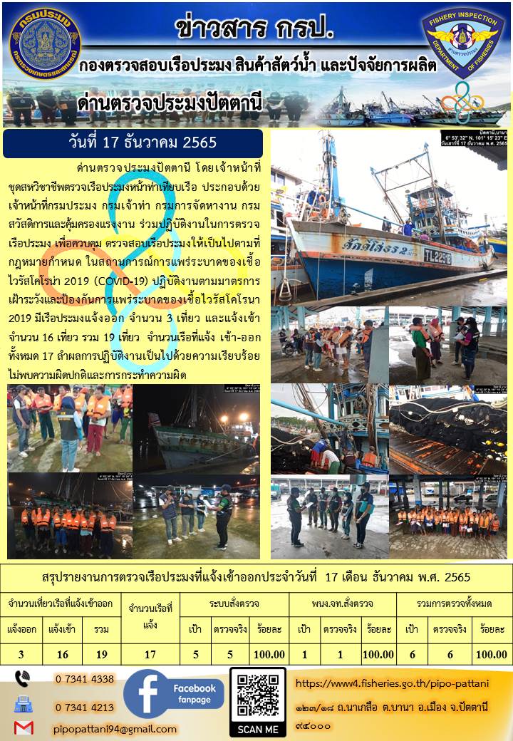 ข่าวสารการปฏิบัติงาน ด่านตรวจประมงปัตตานี 17 ธ.ค. 65..คลิก