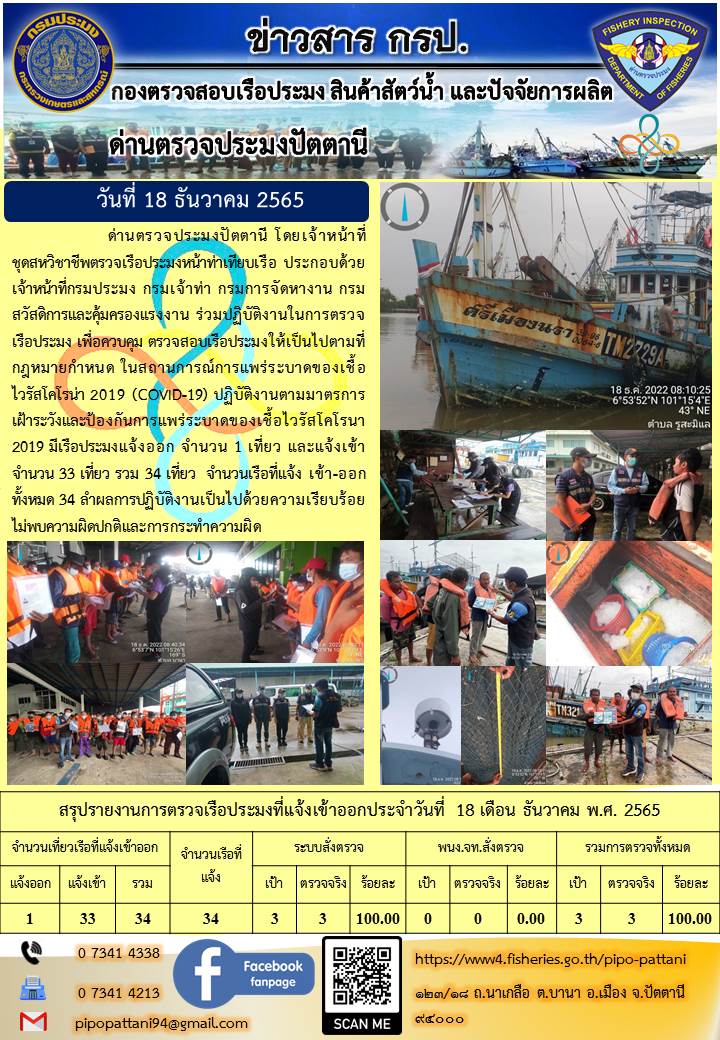 ข่าวสารการปฏิบัติงาน ด่านตรวจประมงปัตตานี 18 ธ.ค. 65..คลิก