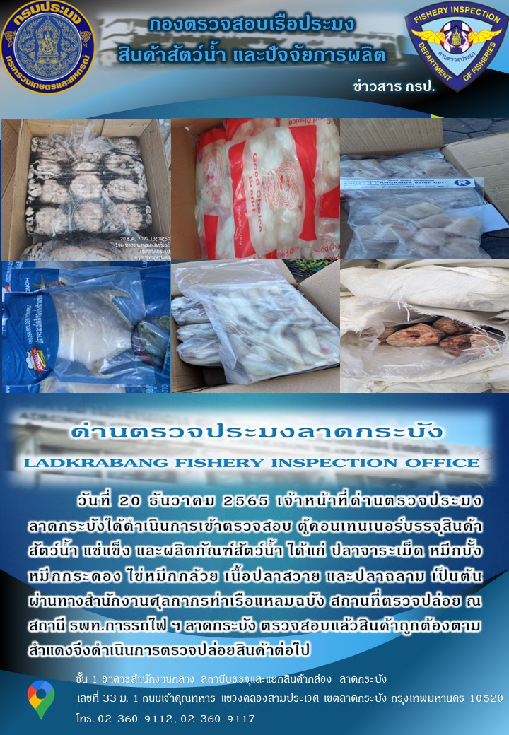 ตรวจสอบสินค้าสัตว์น้ำนำเข้าประจำวันที่ 20 ธันวาคม 2565..คลิก