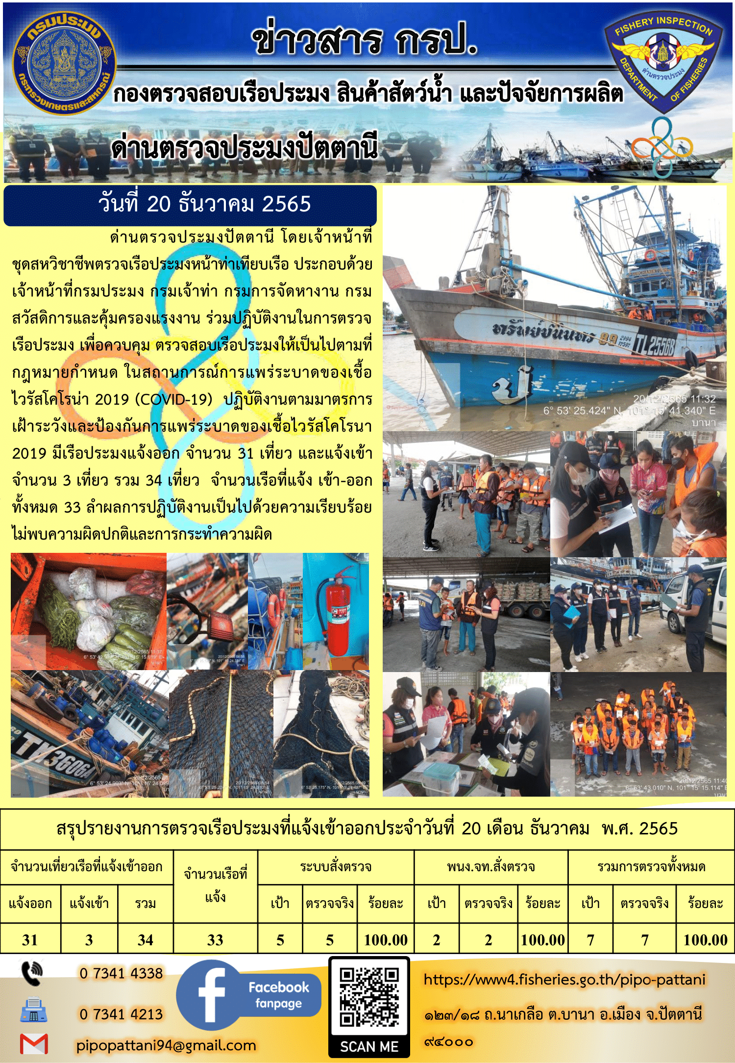 ข่าวสารการปฏิบัติงาน ด่านตรวจประมงปัตตานี 20 ธ.ค. 65..คลิก