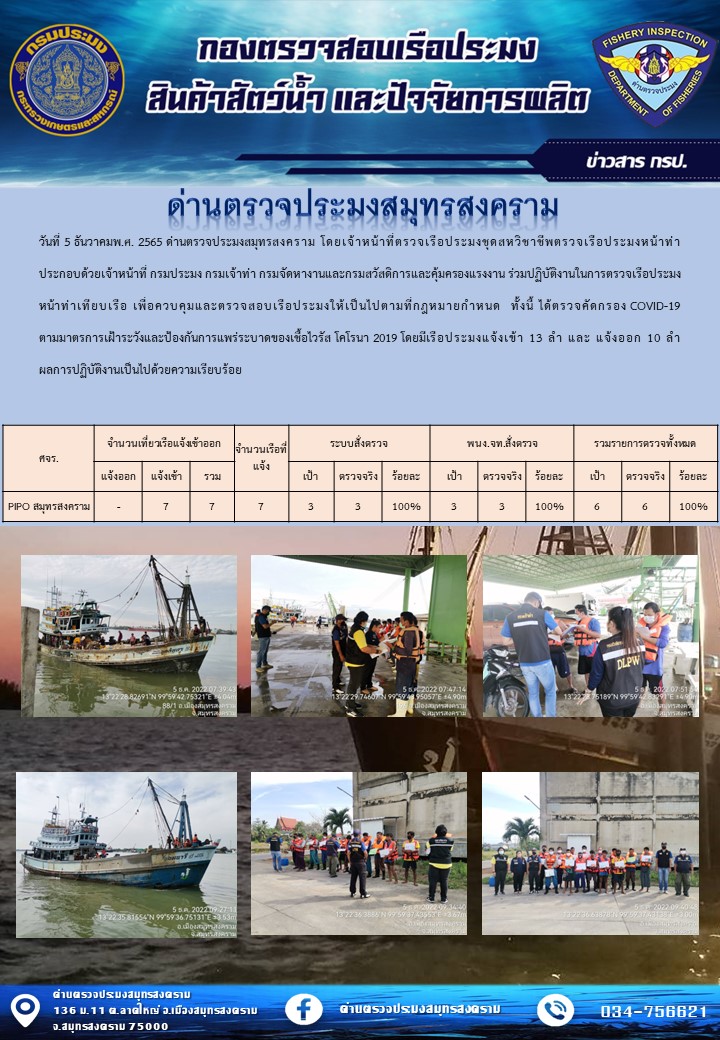 สถิติการแจ้งเข้า - ออกเรือประมงพาณิชย์ ด่านตรวจประมงสมุทรสงคราม ประจำวันที่ 5 ธันวาคม 2565..คลิก