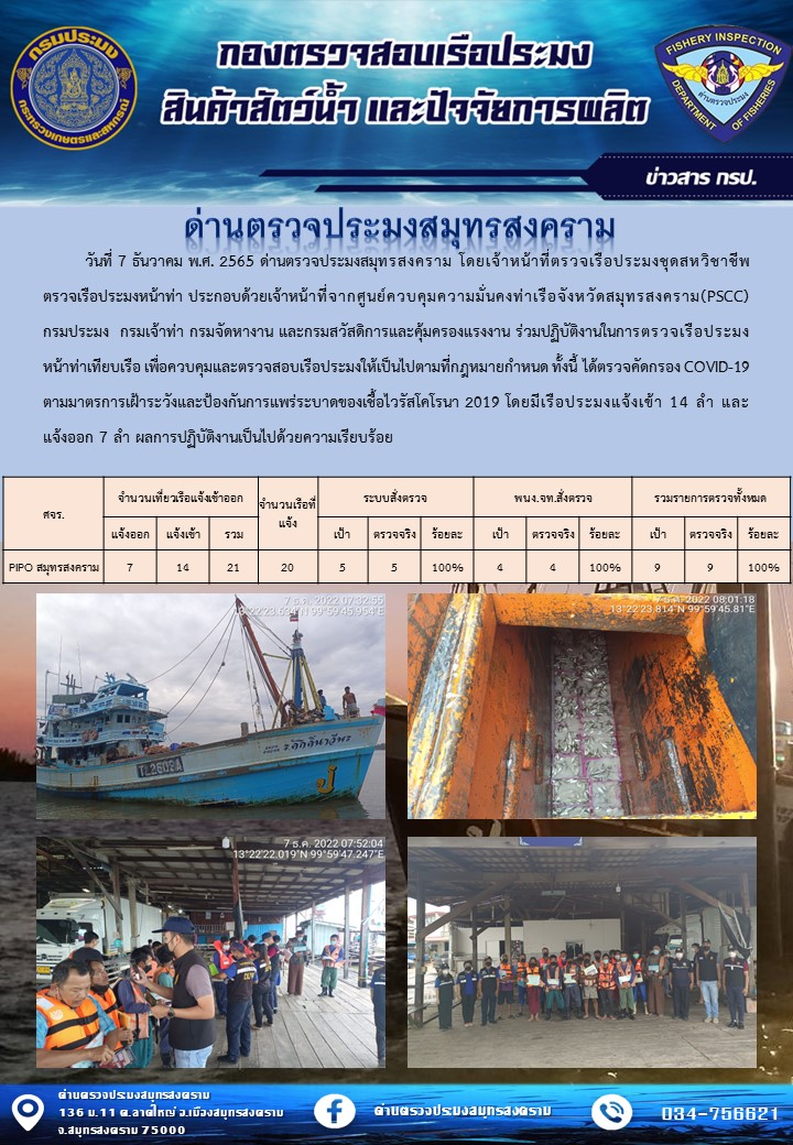 สถิติการแจ้งเข้า - ออกเรือประมงพาณิชย์ ด่านตรวจประมงสมุทรสงคราม ประจำวันที่ 7 ธันวาคม 2565..คลิก