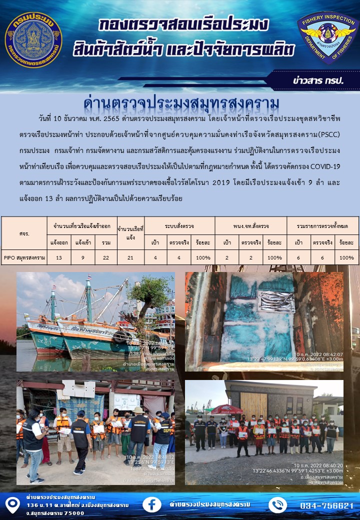 สถิติการแจ้งเข้า - ออกเรือประมงพาณิชย์ ด่านตรวจประมงสมุทรสงคราม ประจำวันที่ 10 ธันวาคม 2565..คลิก