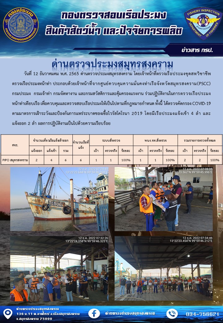 สถิติการแจ้งเข้า - ออกเรือประมงพาณิชย์ ด่านตรวจประมงสมุทรสงคราม ประจำวันที่ 12 ธันวาคม 2565..คลิก