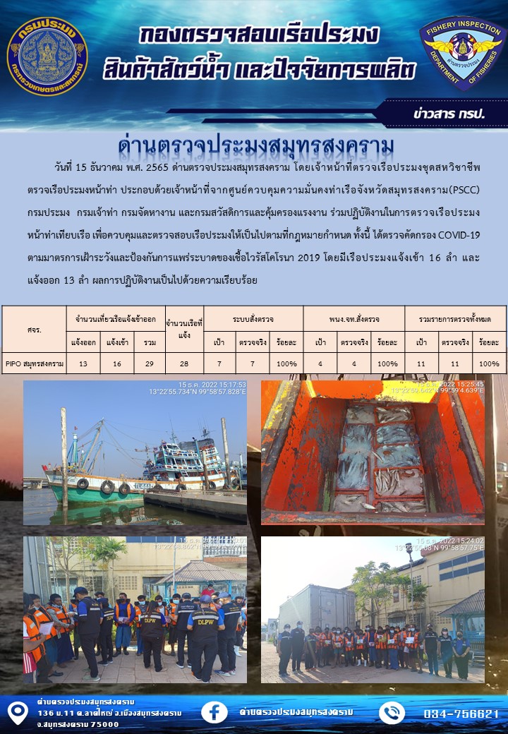 สถิติการแจ้งเข้า - ออกเรือประมงพาณิชย์ ด่านตรวจประมงสมุทรสงคราม ประจำวันที่ 15 ธันวาคม 2565..คลิก