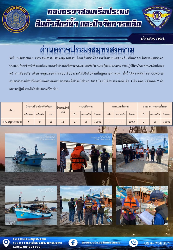 สถิติการแจ้งเข้า - ออกเรือประมงพาณิชย์ ด่านตรวจประมงสมุทรสงคราม ประจำวันที่ 18 ธันวาคม 2565..คลิก