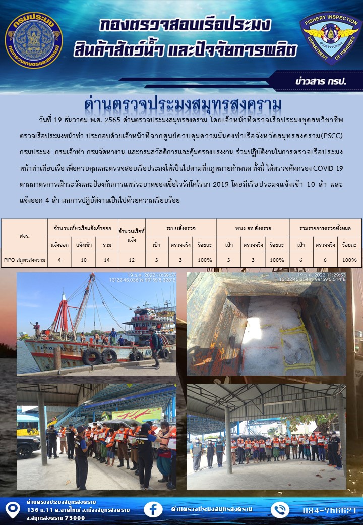 สถิติการแจ้งเข้า - ออกเรือประมงพาณิชย์ ด่านตรวจประมงสมุทรสงคราม ประจำวันที่ 19 ธันวาคม 2565..คลิก