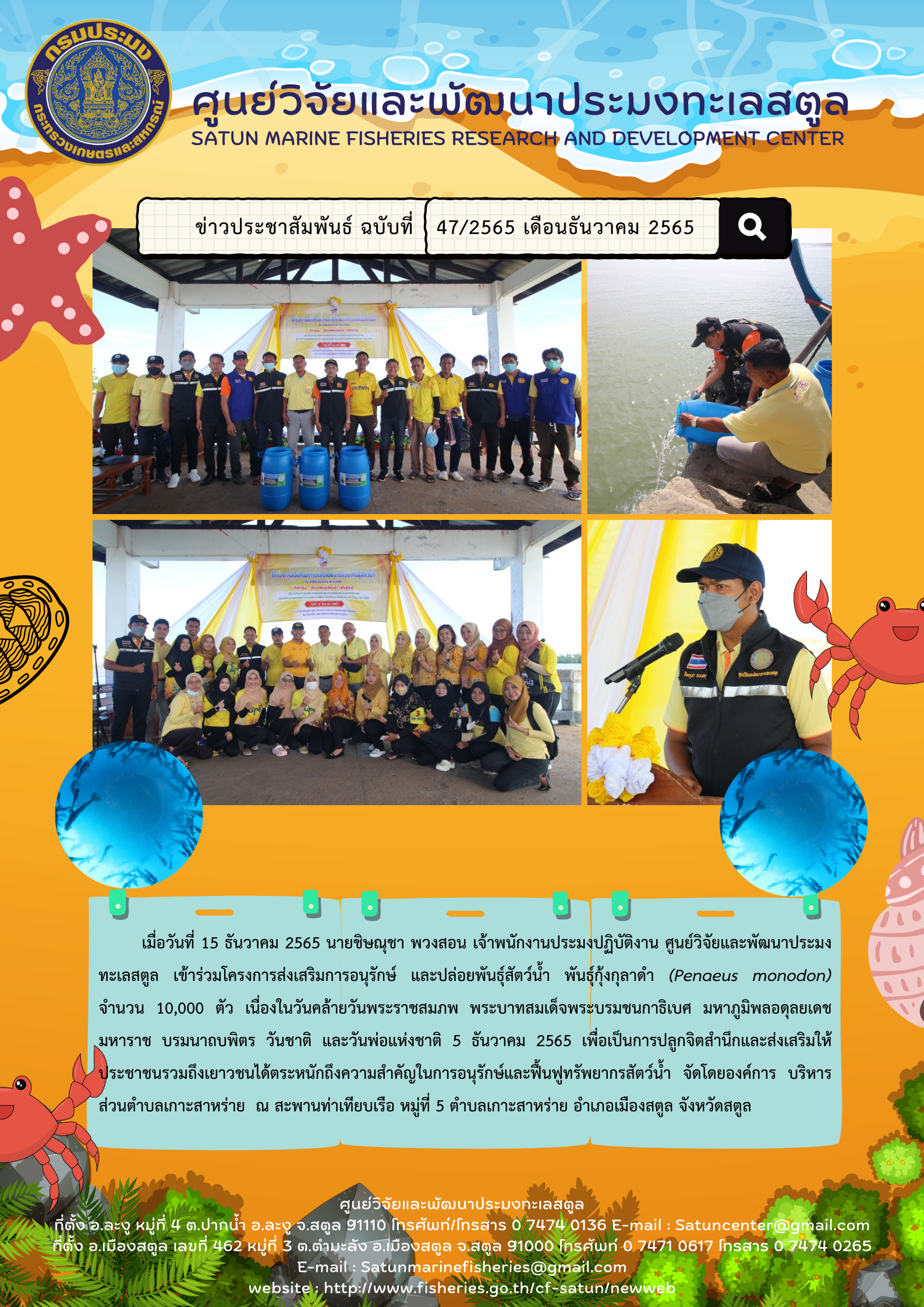 เมื่อวันที่ 15 ธันวาคม 2565 นายชิษณุชา พวงสอน เจ้าพนักงานประมงปฏิบัติงาน ศูนย์วิจัยและพัฒนาประมงทะเลสตูล เข้าร่วมโครงการส่งเสริมการอนุรักษ์ และปล่อยพันธุ์สัตว์น้ำ พันธุ์กุ้งกุบาดำ (Penaeus monodon) จำนวน 10,000 ตัว เนื่องในวันคล้ายวันพระราชสมภพ พระบาทสมเด็จพระบรมชนกาธิเบศ มหาภูมิพลอดุลยเดชมหาราช บรมนาถบพิตร วันชาติ และวันพ่อแห่งชาติ 5 ธันวาคม 2565 เพื่อเป็นการปลูกจิตสำนึกและส่งเสริมให้ประชาชนรวมถึงเยาวชนได้ตระหนักถึงความสำคัญในการอนุรักษ์และฟื้นฟูทรัพยากรสัตว์น้ำ จัดโดยองค์การ บริหารส่วนตำบลเกาะสาหร่าย ณ สะพานท่าเทียบเรือ หมู่ที่ 5 ตำบลเกาะสาหร่าย อำเภอเมืองสตูล จังหวัดสตูล..คลิก