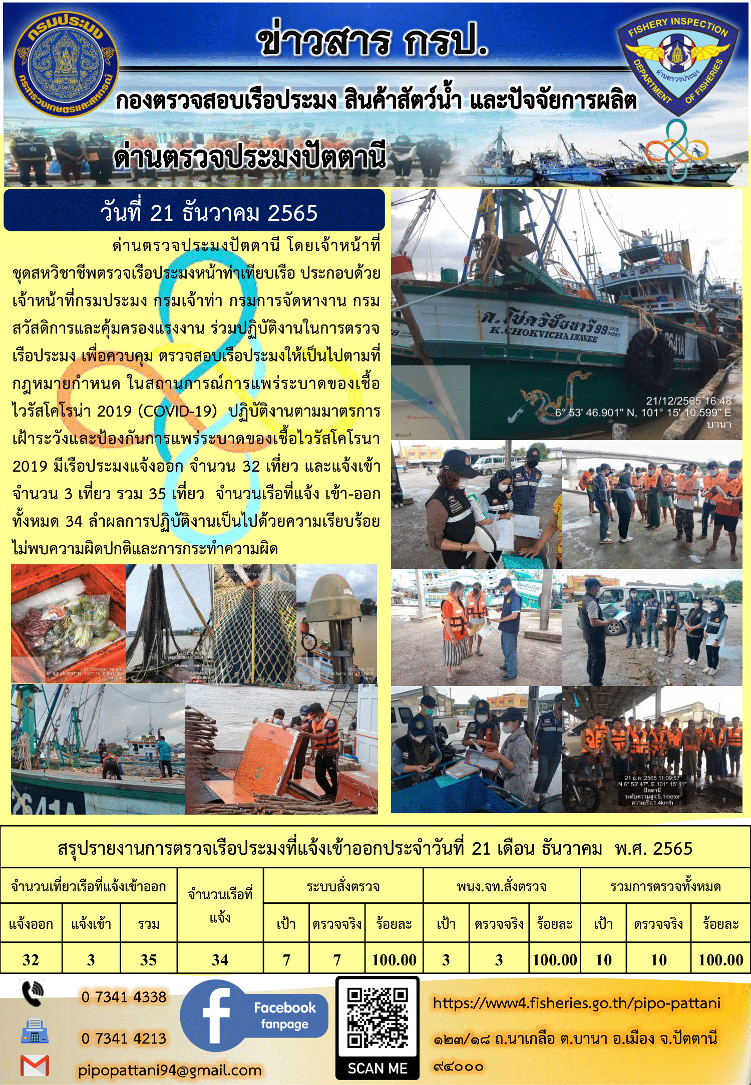 ข่าวสารการปฏิบัติงาน ด่านตรวจประมงปัตตานี 21 ธ.ค. 65..คลิก