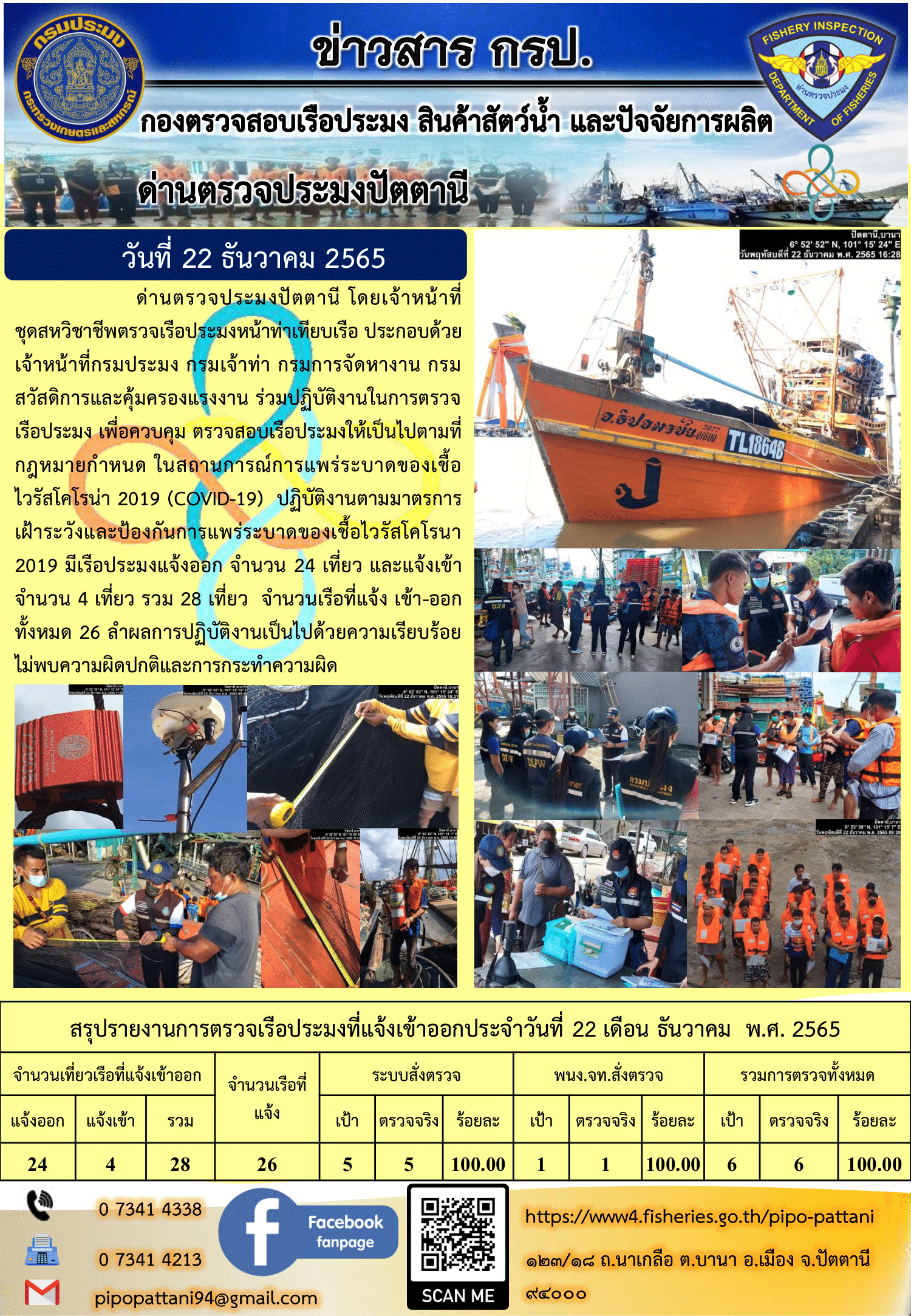 ข่าวสารการปฏิบัติงาน ด่านตรวจประมงปัตตานี 22 ธ.ค. 65
