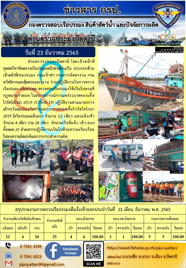 ข่าวสารการปฏิบัติงาน ด่านตรวจประมงปัตตานี 23 ธ.ค. 65..คลิก