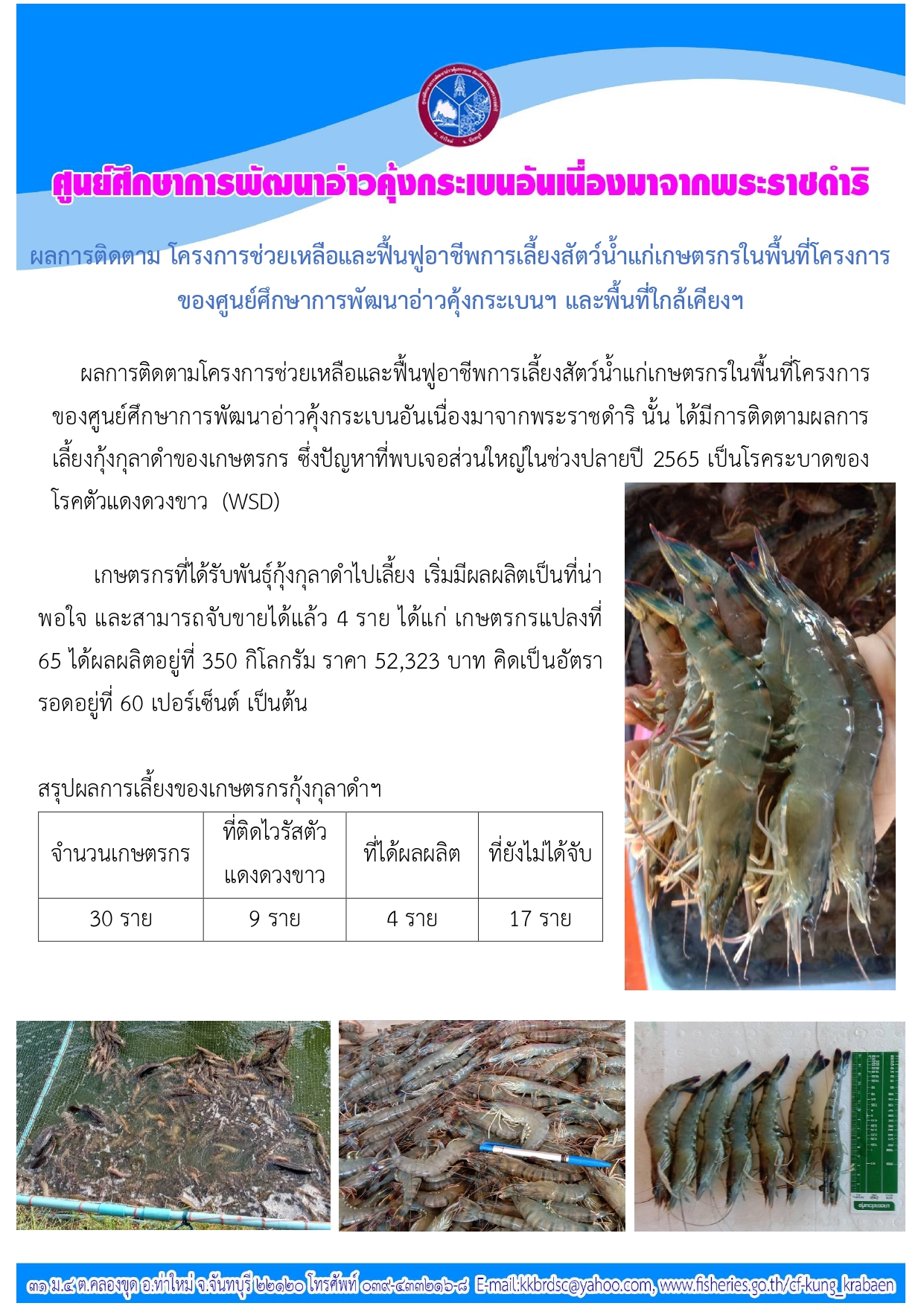 รายงานผลข้อมูลการติดตาม โครงการช่วยเหลือและฟื้นฟูอาชีพการเลี้ยงสัตว์น้ำแก่เกษตรกรในพื้นที่โครงการของศูนย์ศึกษาการพัฒนาอ่าวคุ้งกระเบนฯ และพื้นที่ใกล้เคียงฯ