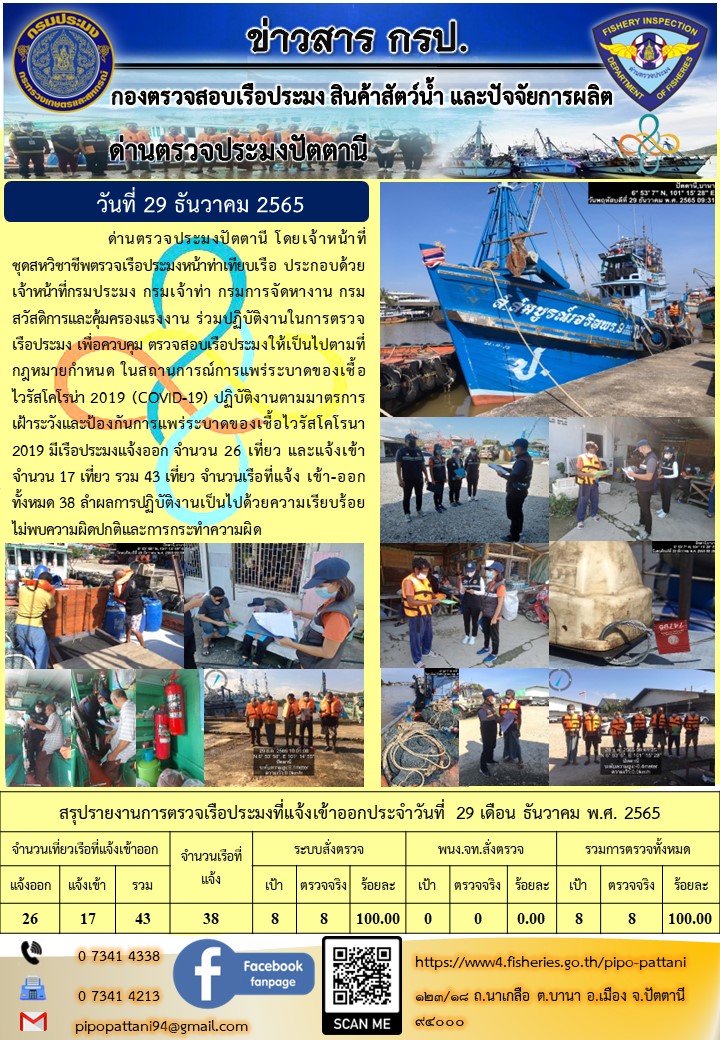 ข่าวสารการปฏิบัติงาน ด่านตรวจประมงปัตตานี 29 ธ.ค. 65..คลิก