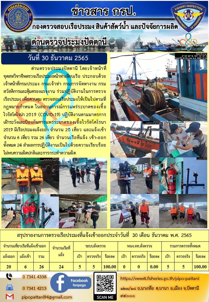ข่าวสารการปฏิบัติงาน ด่านตรวจประมงปัตตานี 30 ธ.ค. 65..คลิก