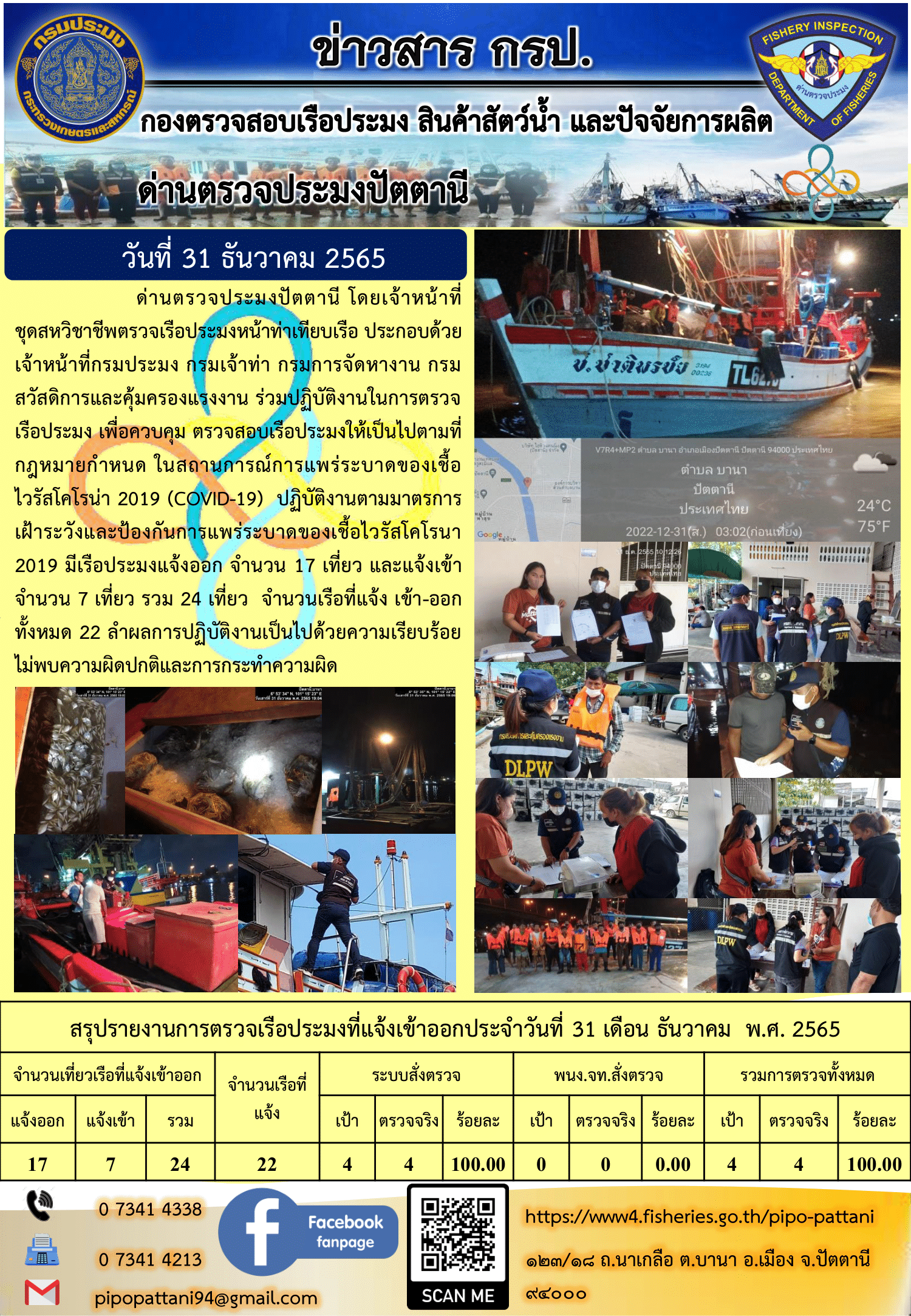 ข่าวสารการปฏิบัติงาน ด่านตรวจประมงปัตตานี 31 ธ.ค. 65..คลิก