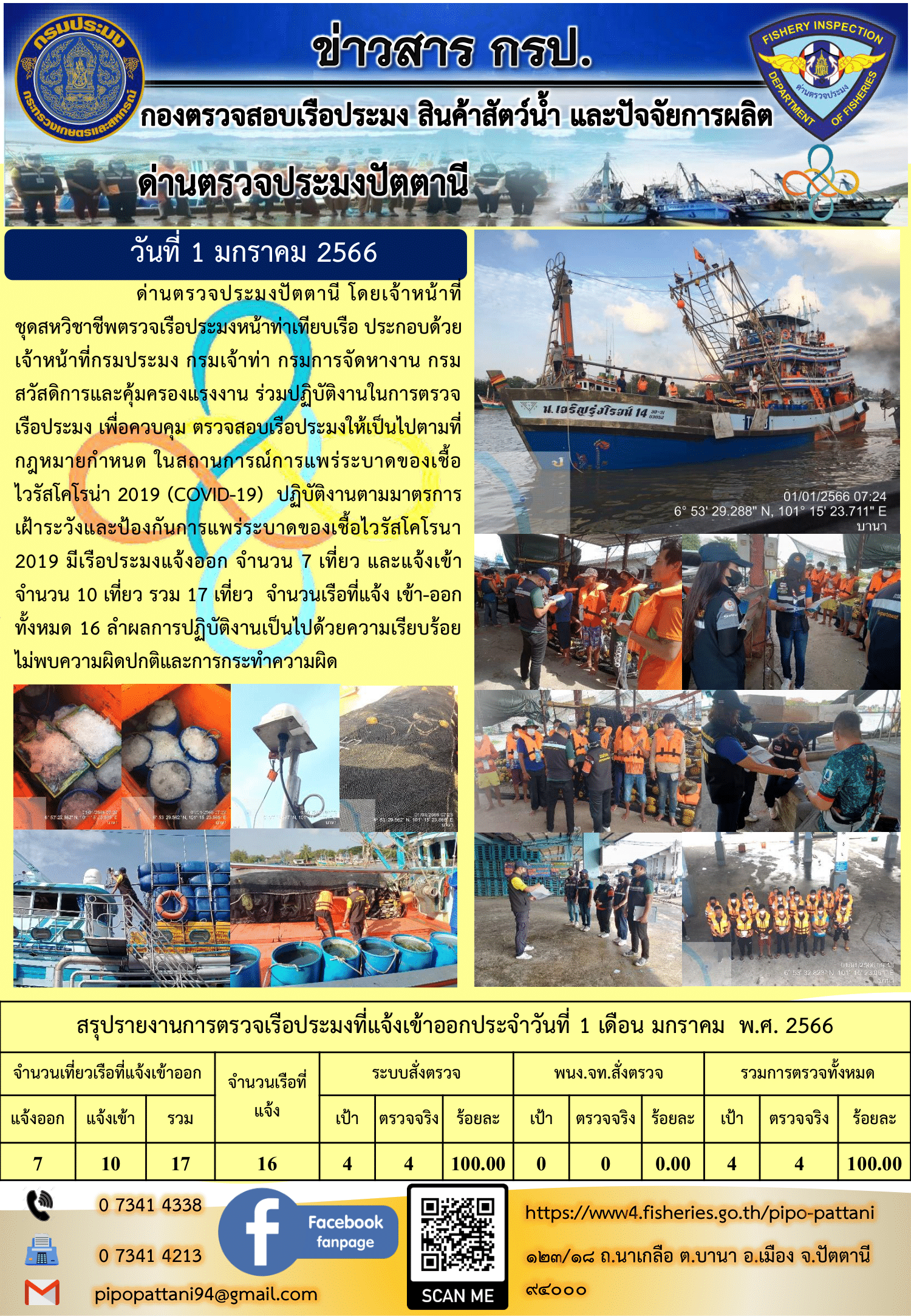 ข่าวสารการปฏิบัติงาน ด่านตรวจประมงปัตตานี 1 มกราคม 66..คลิก