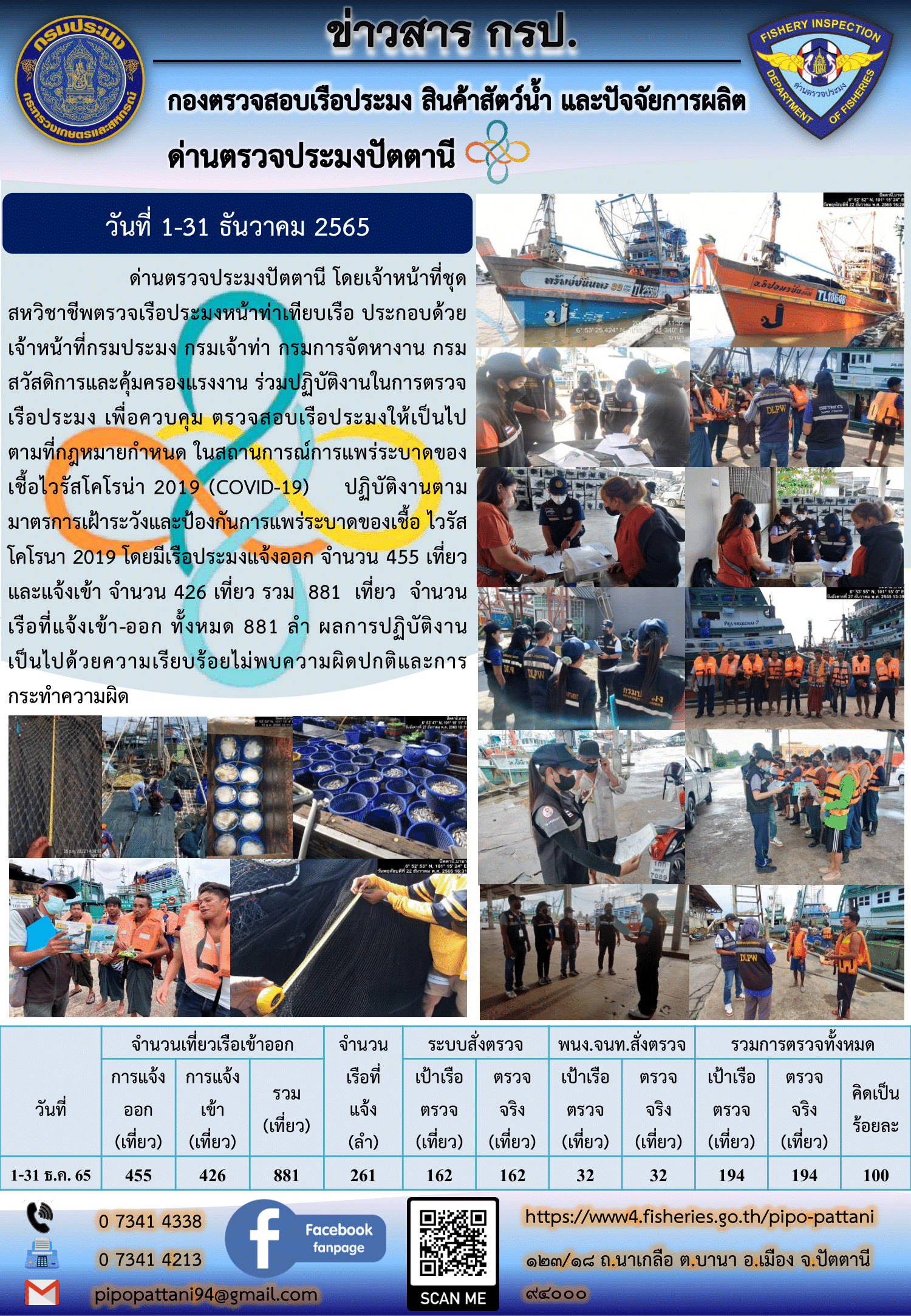 สถิติการแจ้งเรือเข้าออกเรือประมง ประจำเดือนธันวาคม 2565..คลิก