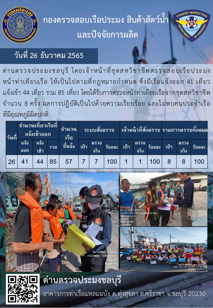 การปฏิบัติงานของเจ้าหน้าที่ด่านตรวจประมงชลบุรีประจำวันที่ ๒๖ ธันวาคม ๒๕๖๕..คลิก