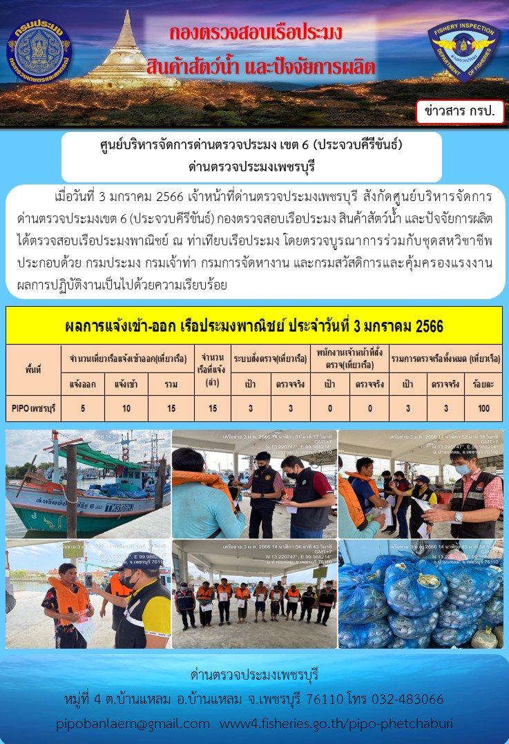 ข่าวประชาสัมพันธ์ ด่านตรวจประมงเพชรบุรี สถิติเรือที่แจ้งเข้า - ออก ประจำวันที่ 3 ม.ค. 2566..คลิก