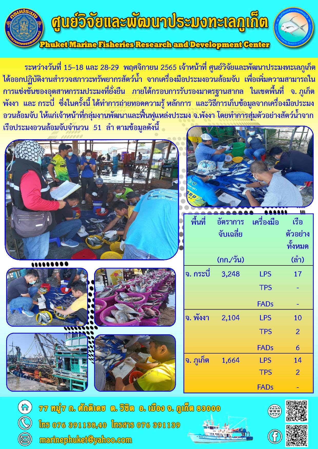 ระหว่างวันที่ 15 – 18 และ 28 – 29 พฤศจิกายน 2565 เจ้าหน้าที่ ศูนย์วิจัยและพัฒนาประมงทะเลภูเก็ตได้ออกปฏิบัติงานสำรวจสภาวะทรัพยากรสัตว์น้ำ จากเครื่องมือประมงอวนล้อมจับ เพื่อเพิ่มความสามารถในการแข่งขันของอุตสาหกรรมประมงที่ยั่งยืน ภายใต้กรอบการรับรองมาตรฐานสากล ในเขตพื้นที่ จ. ภูเก็ต พังงา และ กระบี่ ซึ่งในครั้งนี้ได้ทำการถ่ายทอดความรู้ หลักการ และวิธีการเก็บข้อมูลจากเครื่องมือประมงอวนล้อมจับ ให้แก่เจ้าหน้าที่กลุ่มงานพัฒนาและฟื้นฟูแหล่งประมง จ.พังงา โดยทำการสุ่มตัวอย่างสัตว์น้ำจากเรือประมงอวนล้อมจับจำนวน 51 ลำ ตามข้อมูลดังนี้..คลิก