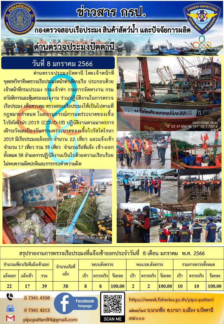 ข่าวสารการปฏิบัติงาน ด่านตรวจประมงปัตตานี 8 มกราคม 66..คลิก