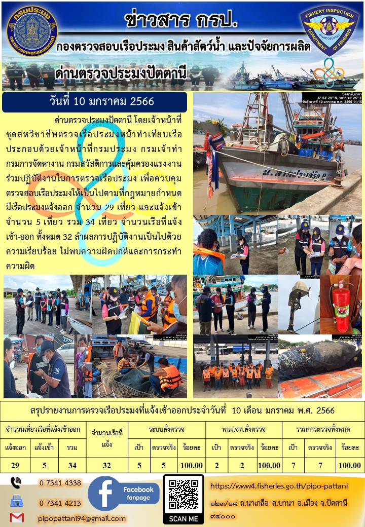 ข่าวสารการปฏิบัติงาน ด่านตรวจประมงปัตตานี 10 มกราคม 66..คลิก