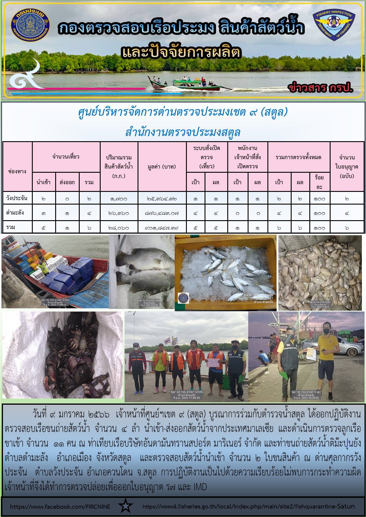 ประชาสัมพันธ์การปฏิบัติงานศูนย์บริหารจัดการด่านตรวจประมงเขต 9(สตูล) ประจำวันที่ 6-10 มกราคม 2566..คลิก