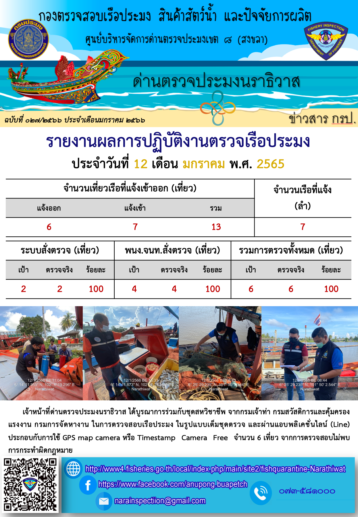 ประชาสัมพันธ์ด่านตรวจประมงนราธิวาส ประจำวันที่ 12 มกราคม 2566..คลิก