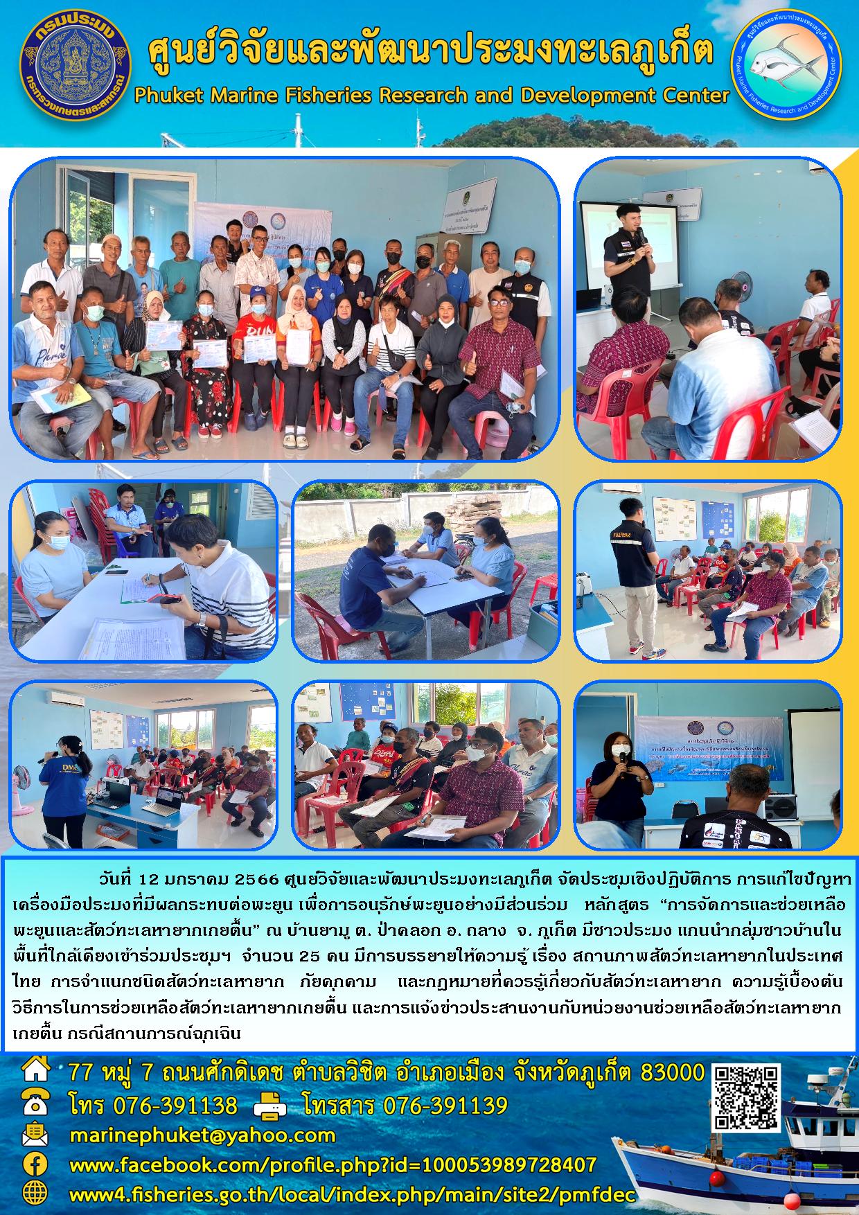 วันที่ 12 มกราคม 2566 ศูนย์วิจัยและพัฒนาประมงทะเลภูเก็ต จัดประชุมเชิงปฏิบัติการ การแก้ไขปัญหาเครื่องมือประมงที่มีผลกระทบต่อพะยูน เพื่อการอนุรักษ์พะยูนอย่างมีส่วนร่วม หลักสูตร “การจัดการและช่วยเหลือพะยูนและสัตว์ทะเลหายากเกยตื้น” ณ บ้านยามู ต.ป่าคลอก อ.กลาง จ.ภูเก็ต มีชาวประมง แกนนำกลุ่มชาวบ้านในพื้นที่ใกล้เคียงเข้าร่วมประชุมฯ จำนวน 25 คน มีการบรรยายให้ความรู้ เรื่อง สถานภาพสัตว์ทะเลหายากในประเทศไทย การจำแนกชนิดสัตว์ทะเลหายาก ภัยคุกคาม และกฎหมายที่ควรรู้เกี่ยวกับสัตว์ทะเลหายาก ความรู้เบื้องต้นวิธีการในการช่วยเหลือสัตว์ทะเลหายากเกยตื้น และการแจ้งข่าวประสานงานกับหน่วยงานช่วยเหลือสัตว์ทะเลหายากเกยตื้น กรณีสถานการฉุกเฉิน..คลิก