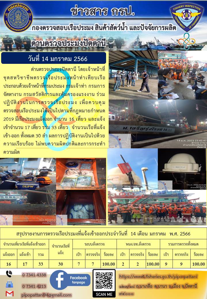 ข่าวสารการปฏิบัติงาน ด่านตรวจประมงปัตตานี 14 ม.ค. 66..คลิก