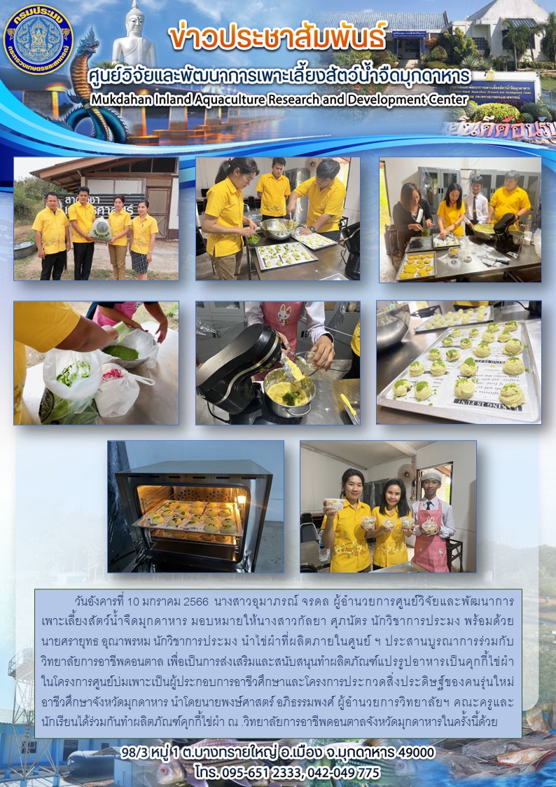 วันอังคารที่ 10 มกราคม 2566ศูนย์วิจัยและพัฒนาการเพาะเลี้ยงสัตว์น้ำจืดมุกดาหารนำไข่ผำที่ผลิตภายในศูนย์ ฯ ประสานบูรณาการร่วมกับวิทยาลัยการอาชีพดอนตาล เพื่อเป็นการส่งเสริมและสนับสนุนทำผลิตภัณฑ์แปรรูปอาหารเป็นคุกกี้ไข่ผำ..คลิก