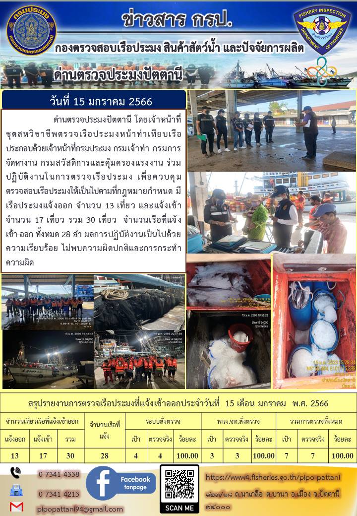 ข่าวสารการปฏิบัติงานด่านตรวจประมงปัตตานี วันที่ 15 มกราคม 2566..คลิก