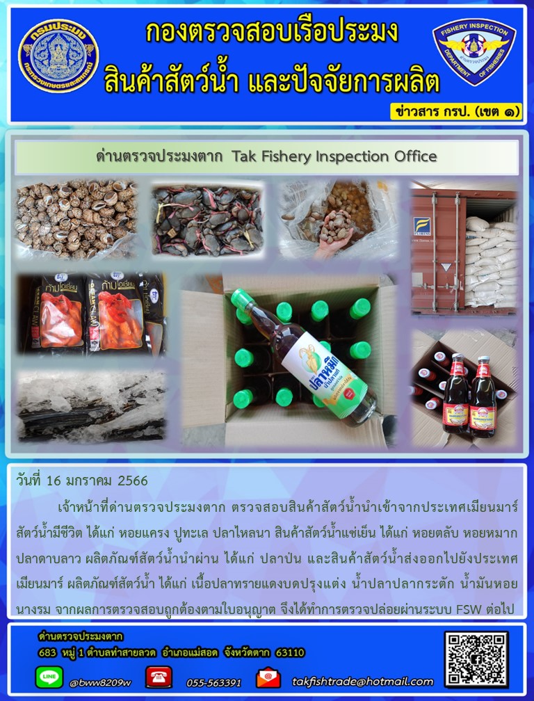 วันที่ 16 มกราคม 2566           เจ้าหน้าที่ด่านตรวจประมงตาก ตรวจสอบสินค้าสัตว์น้ำนำเข้าจากประเทศเมียนมาร์ สัตว์น้ำมีชีวิต ได้แก่ หอยแครง ปูทะเล ปลาไหลนา สินค้าสัตว์น้ำแช่เย็น ได้แก่ หอยตลับ หอยหมาก ปลาดาบลาว ผลิตภัณฑ์สัตว์น้ำนำผ่าน ได้แก่ ปลาป่น และสินค้าสัตว์น้ำส่งออกไปยังประเทศเมียนมาร์ ผลิตภัณฑ์สัตว์น้ำ ได้แก่ เนื้อปลาทรายแดงบดปรุงแต่ง น้ำปลาปลากระตัก น้ำมันหอยนางรม จากผลการตรวจสอบถูกต้องตามใบอนุญาต จึงได้ทำการตรวจปล่อยผ่านระบบ FSW ต่อไป..คลิก
