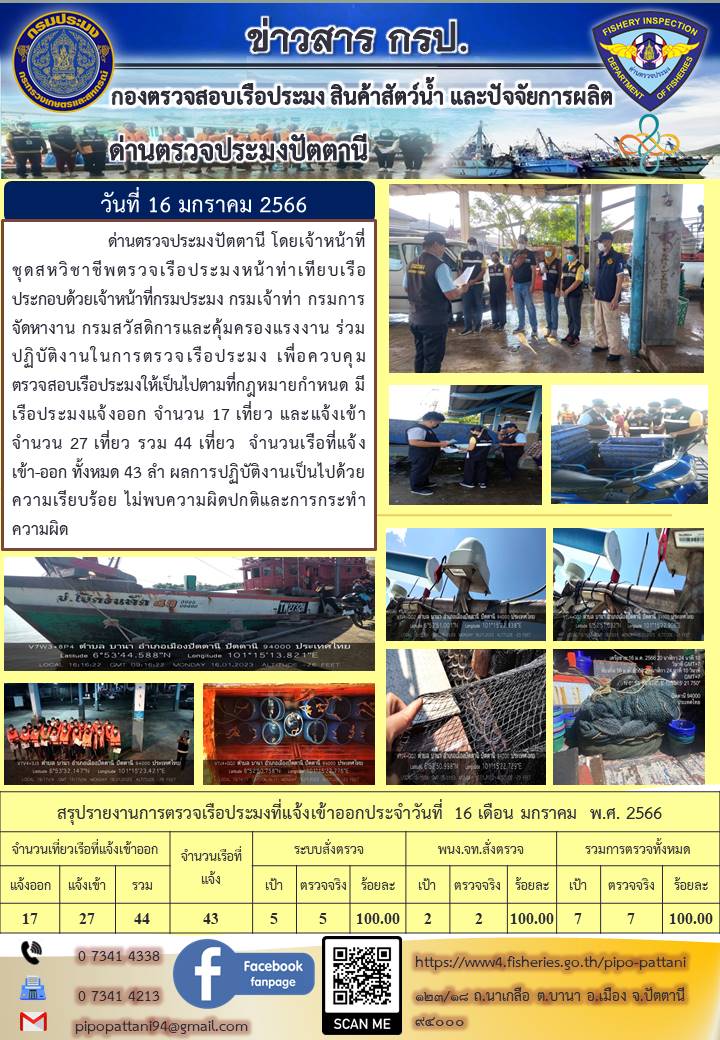 ข่าวสารการปฏิบัติงานด่านตรวจประมงปัตตานี วันที่ 16 มกราคม 2566..คลิก