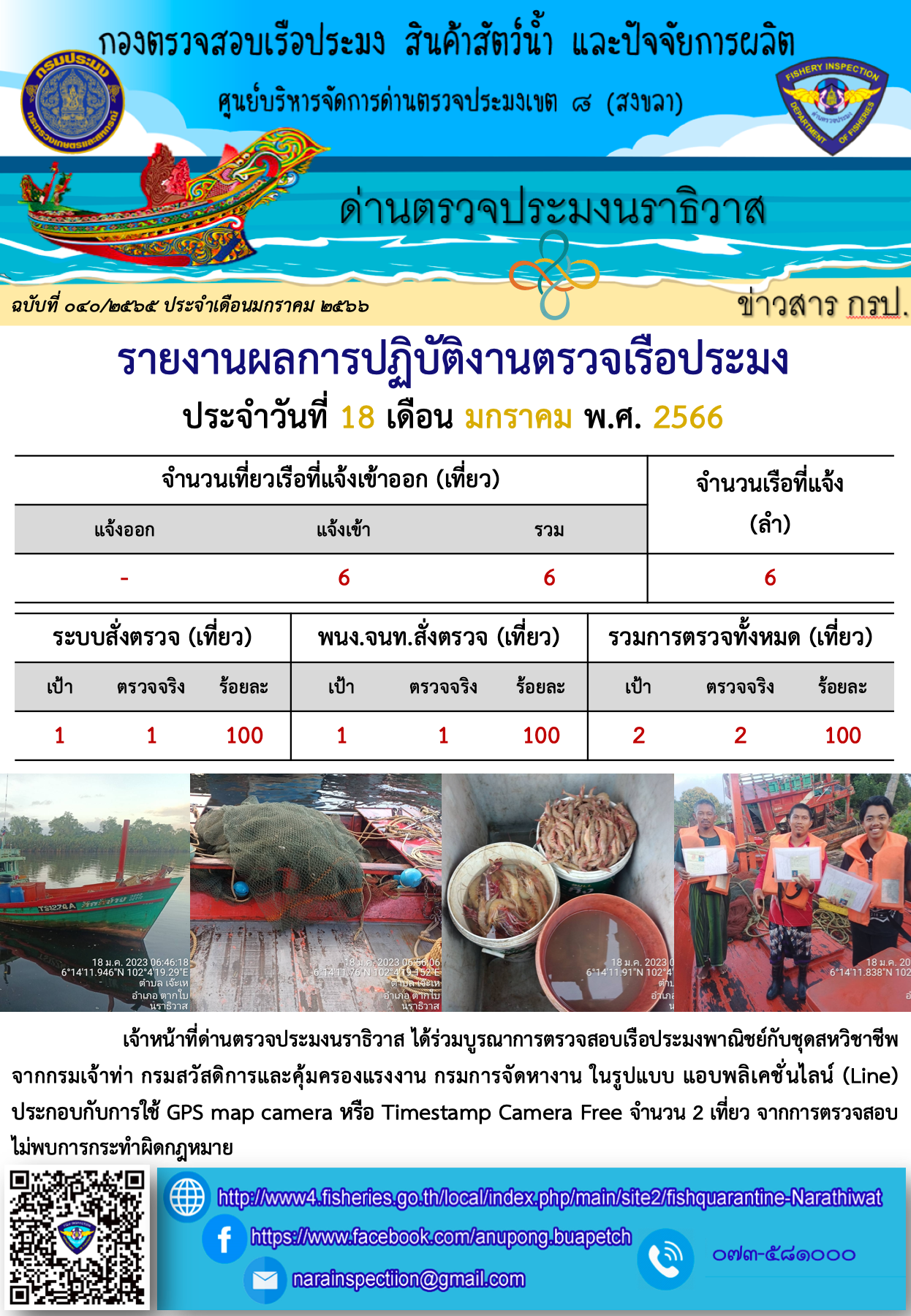 ประชาสัมพันธ์ด่านตรวจประมงนราธิวาส ประจำวันที่ 18 มกราคม 2566..คลิก
