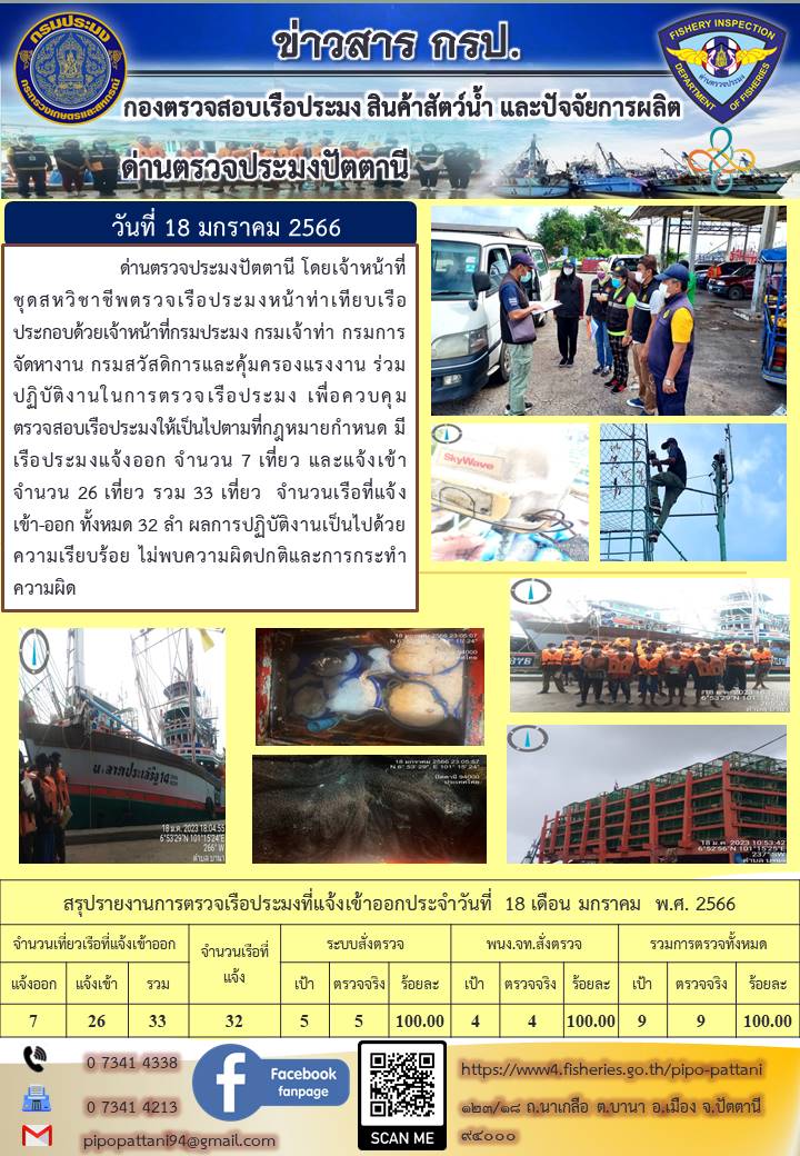 ข่าวสารการปฏิบัติงานด่านตรวจประมงปัตตานี วันที่ 18 มกราคม 2566..คลิก
