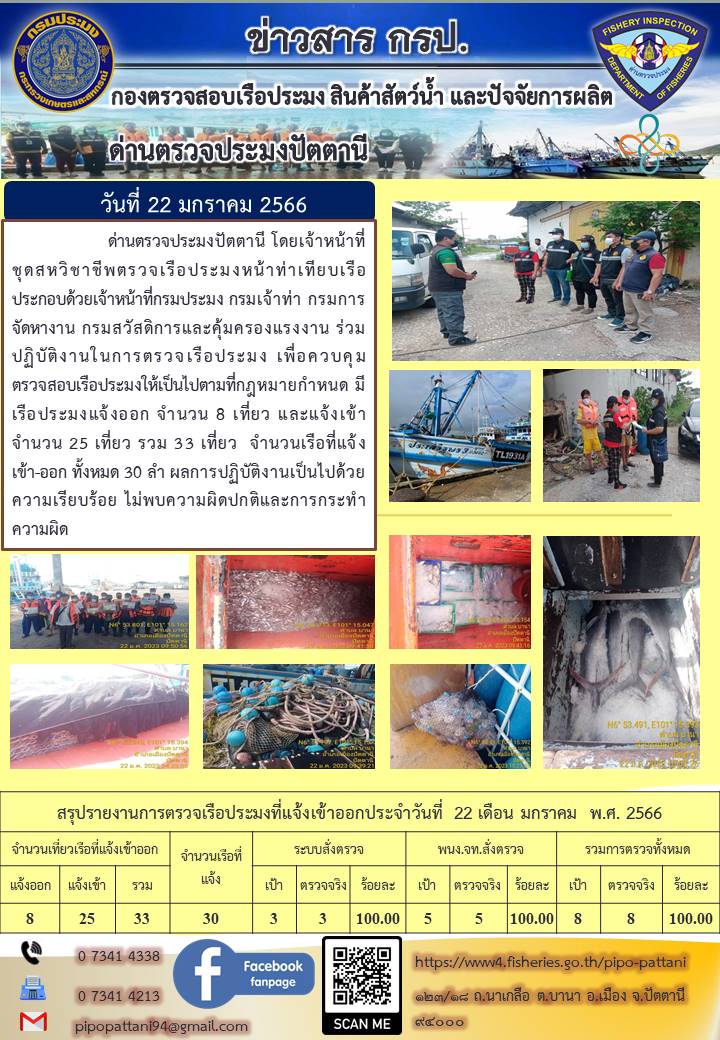 ข่าวสารการปฏิบัติงานด่านตรวจประมงปัตตานี วันที่ 22 มกราคม 2566..คลิก