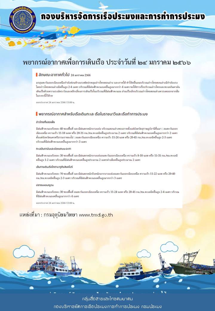 พยากรณ์อากาศเพื่อการเดินเรือ ประจำวันที่ 24 มกราคม 2566..คลิก