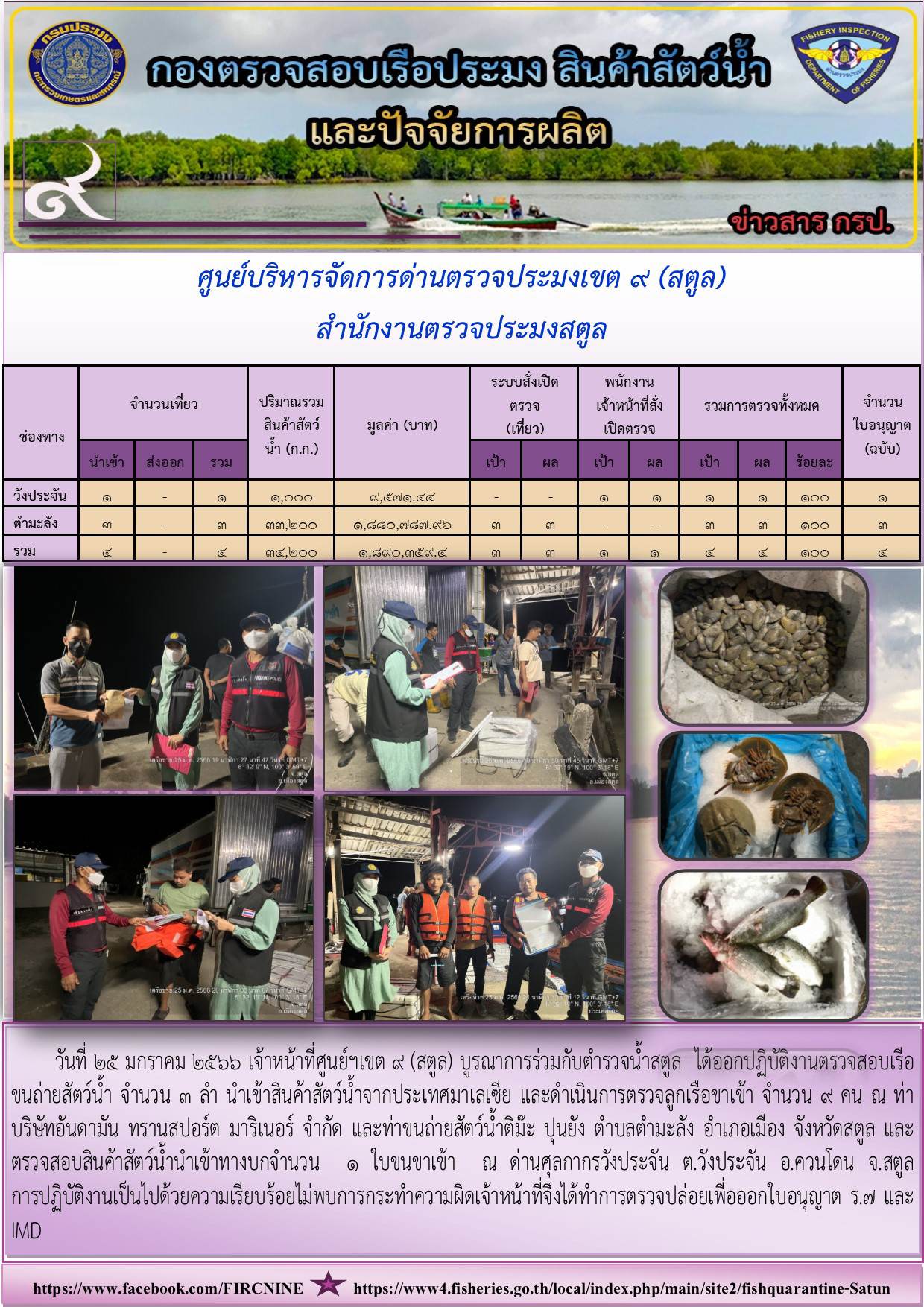 ประชาสัมพันธ์การปฏิบัติงานศูนย์บริหารจัดการด่านตรวจประมงเขต 9(สตูล) ประจำวันที่ 21-25 มกราคม 2566..คลิก