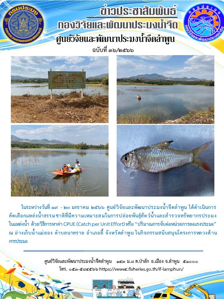 คัดเลือกแหล่งน้ำธรรมชาติที่มีความเหมาะสมในการปล่อยพันธุ์สัตว์น้ำและสำรวจทรัพยากรประมงในแหล่งน้ำ  ณ อ่างเก็บน้ำแม่ลอง ตำบลนาทราย อำเภอลี้ จังหวัดลำพูน..คลิก