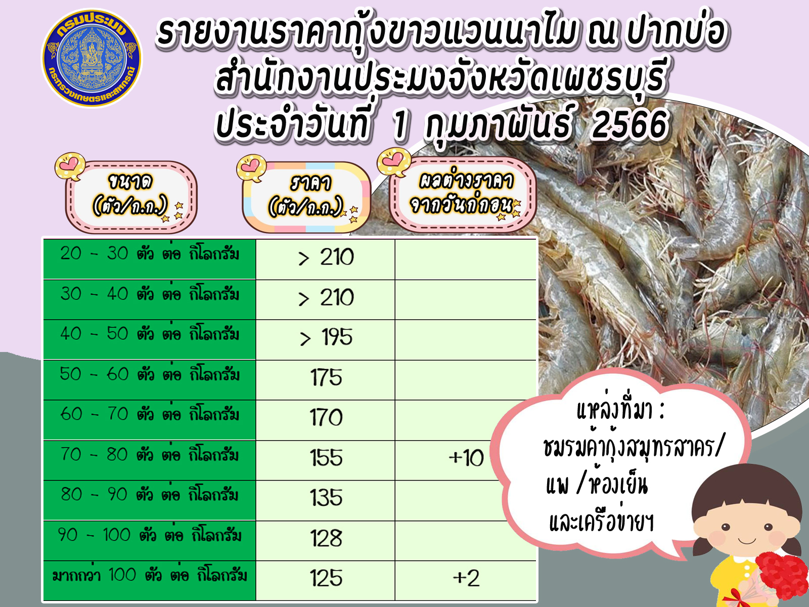 ราคากุ้งขาวแวนนาไม ประจำวันที่ 1 กุมภาพันธ์ 2566..คลิก