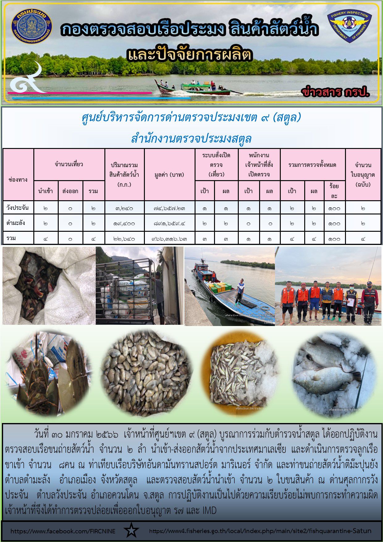 ประชาสัมพันธ์การปฏิบัติงานศูนย์บริหารจัดการด่านตรวจประมงเขต 9(สตูล) ประจำวันที่ 26-31 มกราคม 2566..คลิก