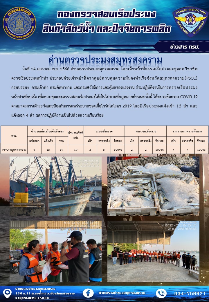 สถิติการแจ้งเข้า - ออกเรือประมงพาณิชย์ ด่านตรวจประมงสมุทรสงคราม ประจำวันที่ 24 มกราคม 2566..คลิก