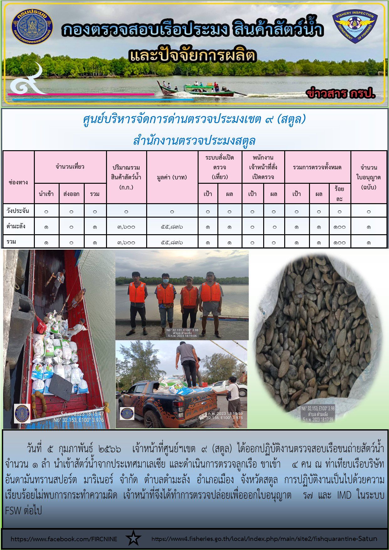 ประชาสัมพันธ์การปฏิบัติงานศูนย์บริหารจัดการด่านตรวจประมงเขต 9(สตูล) ประจำวันที่ 1-5 กุมภาพันธ์ 2566..คลิก