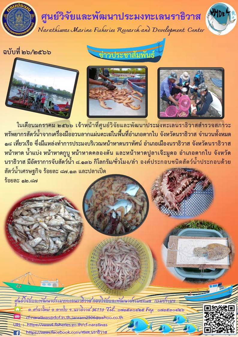 สภาวะทรัพยากรสัตว์น้ำจากเครื่องมืออวนลากแผ่นตะเฆ่ในพื้นที่อำเภอตากใบ จังหวัดนราธิวาส..คลิก