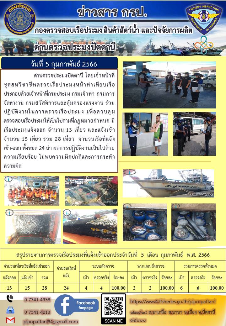 ข่าวสารการปฏิบัติงานด่านตรวจประมงปัตตานีวันที่ 5 กุมภาพันธ์ 2566